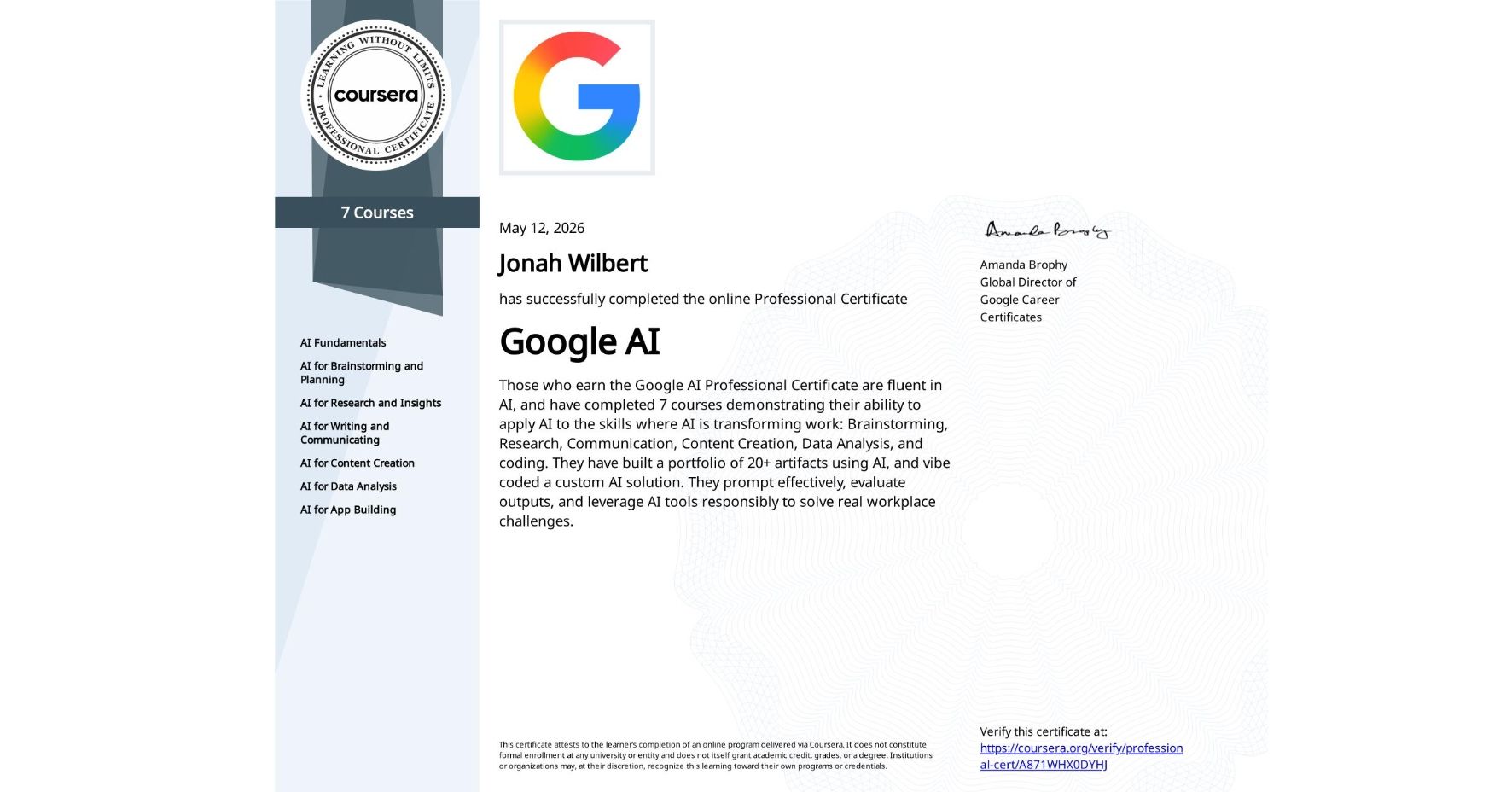 Google AI Professional Certificate via Coursera, awarded to Jonah Wilbert on 12 May 2026